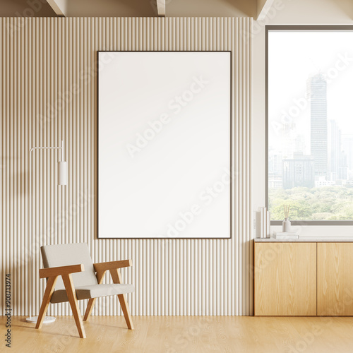 Beige home living room interior with armchair, panoramic window. Mockup frame