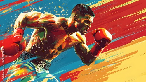 Dynamic illustration of vibrant Olympic sport, boxer in action, fierce expression, dynamic punch, vibrant reds, strong sidelighting, aggressive and powerful mood