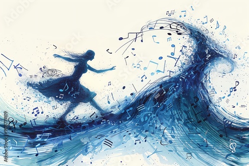 Outline of a dreamer riding a wave made of music notes, abstract style