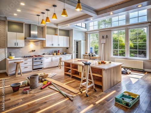 Rear view of a DIY home renovation scene with tools and materials scattered around, showing a kitchen and living room transformation in progress.