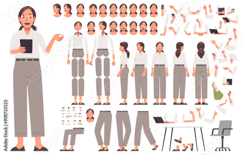 Business woman constructor. Set of different poses of arms and legs, head and body positions for animation and creating your own character options