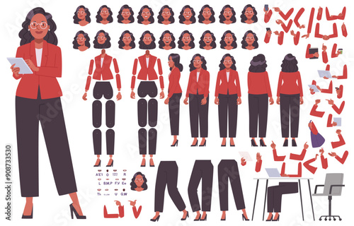 Businesswoman constructor. Set of different positions of hands, legs, head for animation of a business lady character. DIY kit