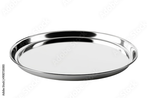 A shiny, empty stainless steel serving tray with a reflective surface, isolated on a transparent background. Ideal for kitchen and food-related photos.