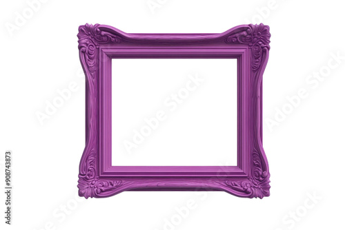 Elegant purple picture frame with intricate details on a transparent background, perfect for art, decor, and design purposes.