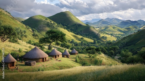 Traditional Zulu kraals are surrounded by lush hills under a dynamic sky, depicting rural life in a picturesque landscape