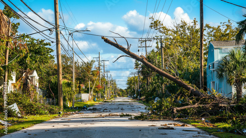 A tree has fallen on a street, and the power lines are down