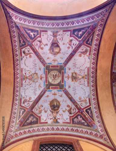 BOLOGNA, ITALY - MARCH 16, 2014: Fresco from ceiling of external corridor of Via Farini street by Gaetano Lodi (1830 – 1886). 