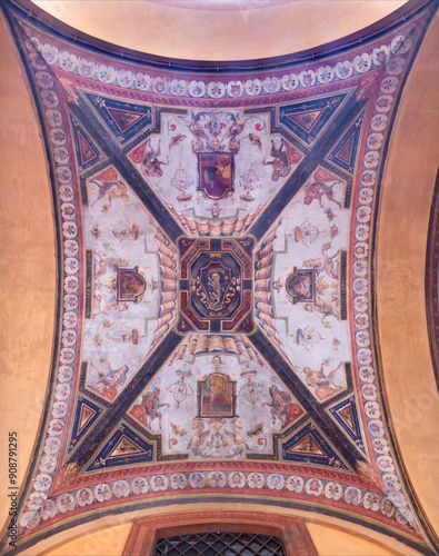 BOLOGNA, ITALY - MARCH 16, 2014: Fresco from ceiling of external corridor of Via Farini street by Gaetano Lodi (1830 – 1886). 