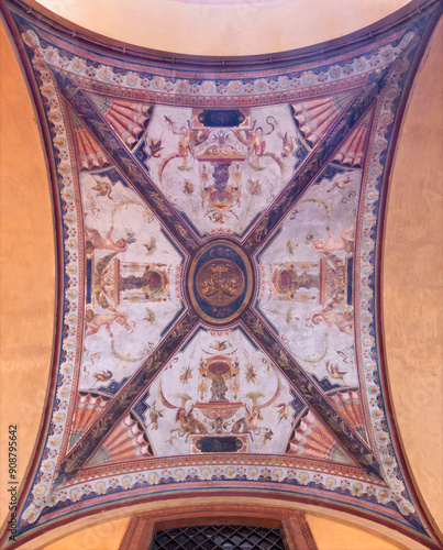 BOLOGNA, ITALY - MARCH 16, 2014: Fresco from ceiling of external corridor of Via Farini street by Gaetano Lodi (1830 – 1886). 