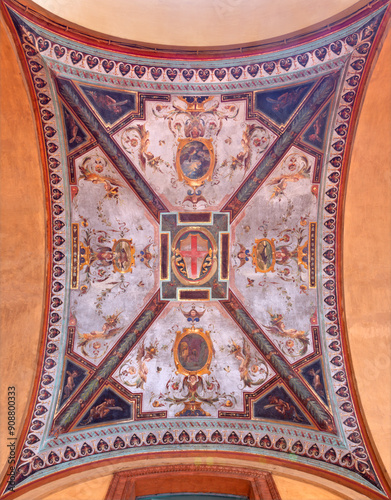 BOLOGNA, ITALY - MARCH 16, 2014: Fresco from ceiling of external corridor of Via Farini street by Gaetano Lodi (1830 – 1886). 