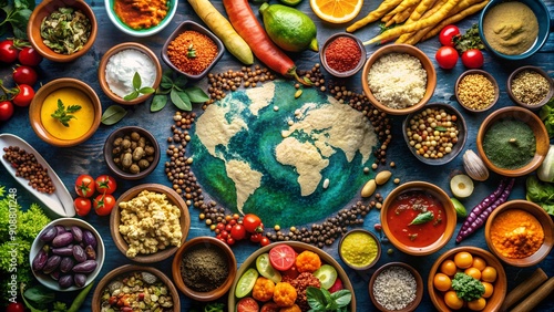 World map made of colorful spices and grains, surrounded by fresh vegetables and herbs, celebrating World Food Day. 