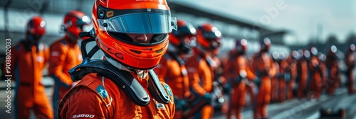 Race Car Driver in Orange Suit and Helmet.