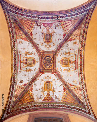 BOLOGNA, ITALY - MARCH 16, 2014: Fresco from ceiling of external corridor of Via Farini street by Gaetano Lodi (1830 – 1886). 