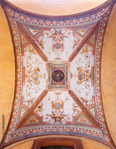 BOLOGNA, ITALY - MARCH 16, 2014: Fresco from ceiling of external corridor of Via Farini street by Gaetano Lodi (1830 – 1886). 