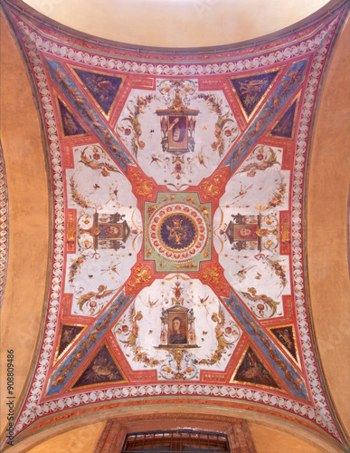 BOLOGNA, ITALY - MARCH 16, 2014: Fresco from ceiling of external corridor of Via Farini street by Gaetano Lodi (1830 – 1886). 