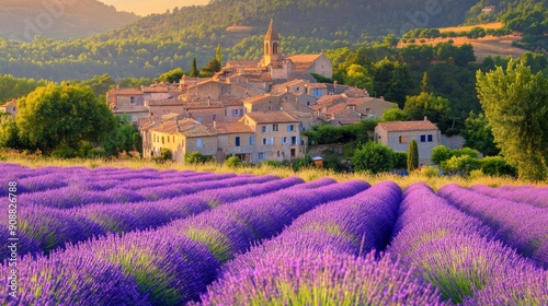 Simiane-la-Rotonde, hilltop village in Provence with lavender fields, France. 