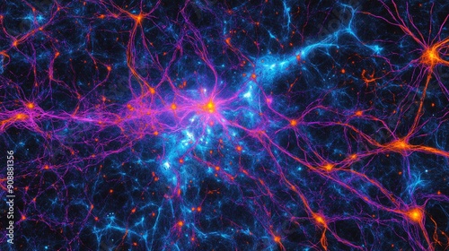 A mesmerizing microscopic view of a neuron network displays the complex interactions between neurons. The image captures the branching dendrites and axons extending from each neuron, forming a dense