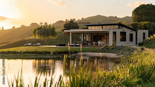 Photograph of a modern farmhouse with large windows and a flat roof, located in New Zealand on a lake surrounded by lush green hills. The image is split into several shots taken from different angles.