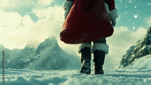 Cinematic low angle shot of Santa's bag as it's being carried over a snowy landscape, under natural light