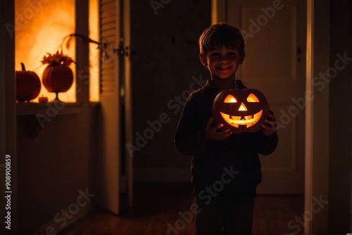 A happy kid holding Jack O Lantern in his house at night for the celebration of Halloween with copy space.