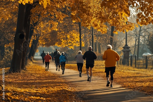 Elderly individuals jogging and walking in a park during autumn, highlighting active lifestyle and community engagement, suitable for themes of health, fitness, and socializing