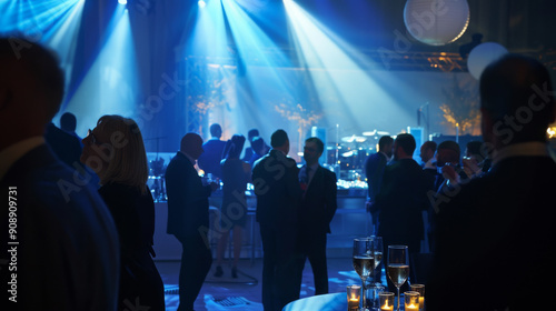 An elegantly lit evening event with guests mingling under soft blue lights, creating a sophisticated and ambient atmosphere.