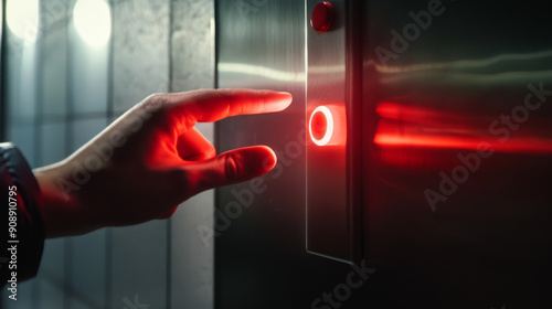 A finger presses a sleek red elevator button, casting an intense, focused glow, signaling an impending journey or decision.