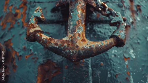 A weathered, rusty anchor in close-up, its patina telling stories of the sea, with a backdrop of a vessel's aged and textured surface.