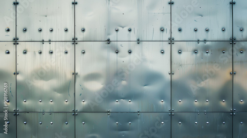 Close-up of a slightly dented metal wall, with reflective panels structured in neat rows, the surface tells a story of use and resilience.