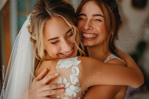 Bride and her bridesmaid happily embrace at a wedding, sharing a loving and joyful moment. Their elegant dresses and veils symbolize their bond and togetherness