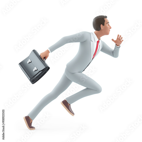 3d character businessman running very fast with a briefcase