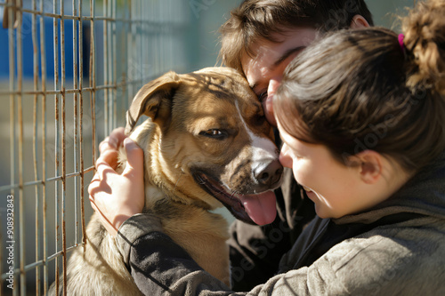 Young couple is hugging a happy dog at the local animal shelter, enjoying their time together