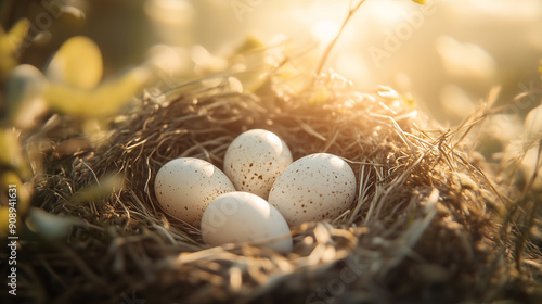 Sunlit Nest with Speckled Eggs in a Natural Setting