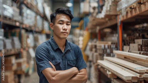 A young man poses with crossed arms in a bustling warehouse filled with wooden materials