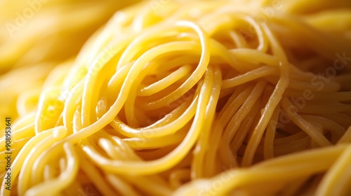 Close-up of freshly cooked spaghetti, tangled golden strands, al dente texture, intricate pasta patterns, vibrant yellow color, detailed noodle surface, Italian cuisine, food photography.