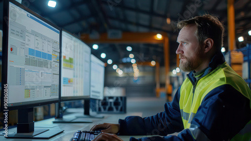 A logistics professional using a computer to track shipments, high resolution