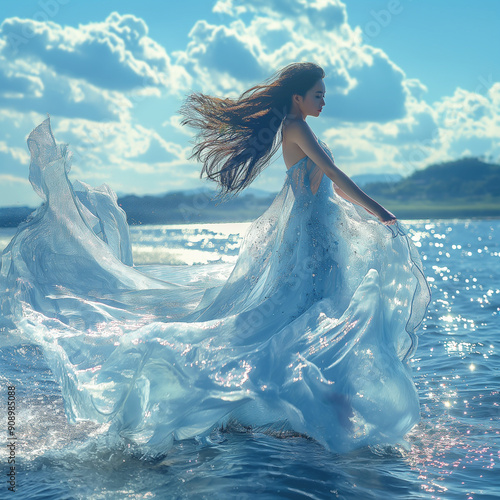 Asian woman walking on water, naiad with water dress, undine in the middle on the ocean, wind and waves