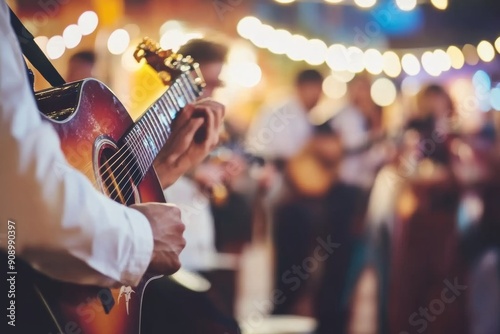  live music at Oktoberfest festival - band playing traditional Bavarian melodies at Oktoberfest, with the audience in the background, minimal style with copy space, lights bokeh