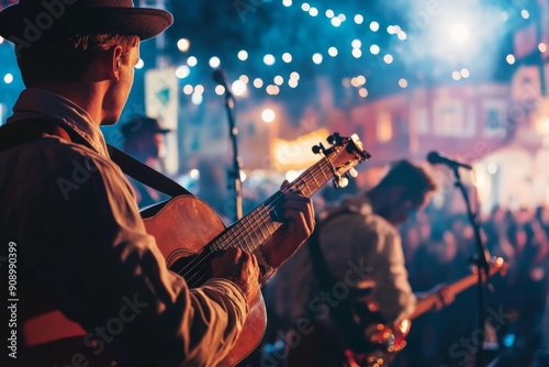  live music at Oktoberfest festival - band playing traditional Bavarian melodies at Oktoberfest, with the audience in the background, minimal style with copy space, lights bokeh