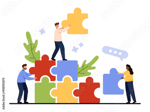 Team building, business communication and success teamwork, cooperation in collective goal and startup. Tiny people connect puzzle pieces together, build partnership cartoon vector illustration