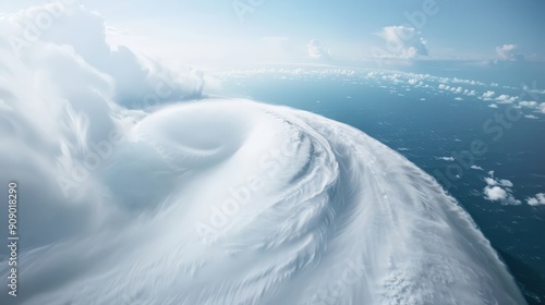 A swirling cloud formation over a vast expanse of blue ocean.