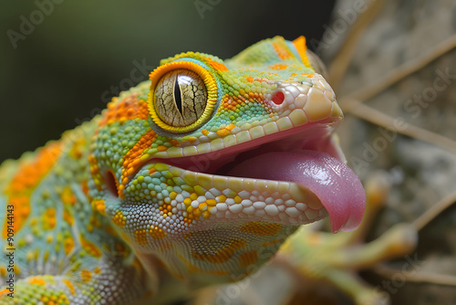 Close-up of a colorful gecko with its mouth open and tongue extended.