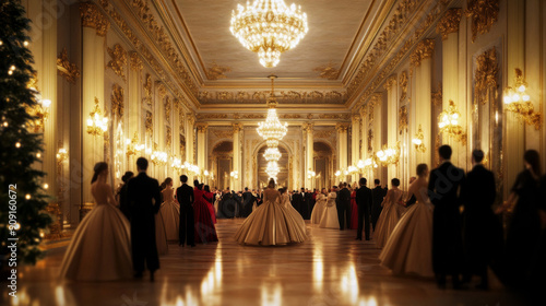 queen hosting a grand ball in an opulent palace, with elegantly dressed guests dancing and mingling 