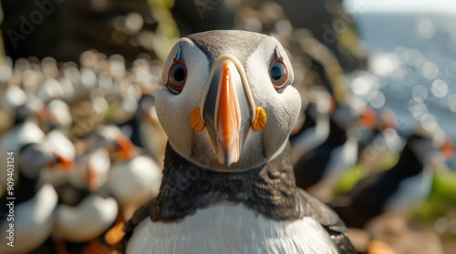 The Atlantic Puffins, members of the auk family, are seabirds also known as Common Puffins. Beautiful extreme close-up.