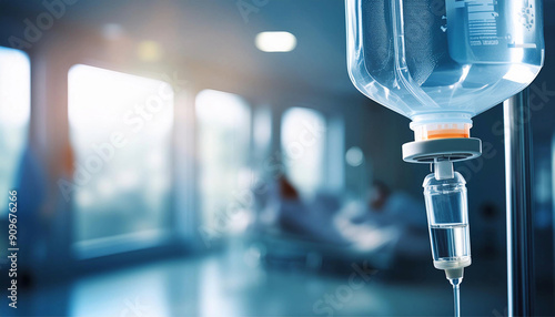 Close up medical intravenous IV drip in blurred hospital background