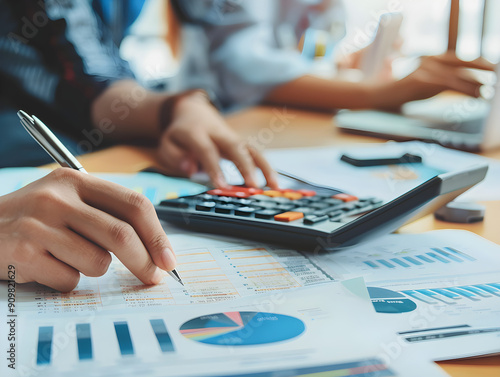 A group of focused accountants compiling and analyzing financial data for reports in an office.