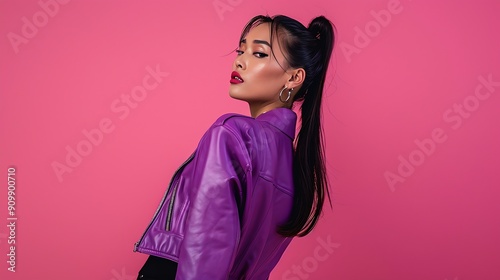 Fashionable asian brunette woman in purple leather jacket and black pants posing with hair pulled back in a ponytail against a pink background : Generative AI