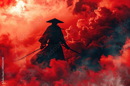 A samurai or ninja stands on a mountain at night against a backdrop of red clouds of smoke. Generated by artificial intelligence