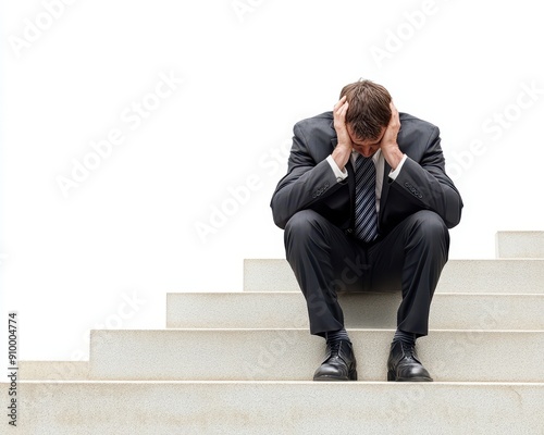 Dejected businessperson on steps of stock exchange, loss of wealth, economic crash