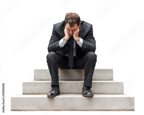 Dejected businessperson on steps of stock exchange, loss of wealth, economic crash